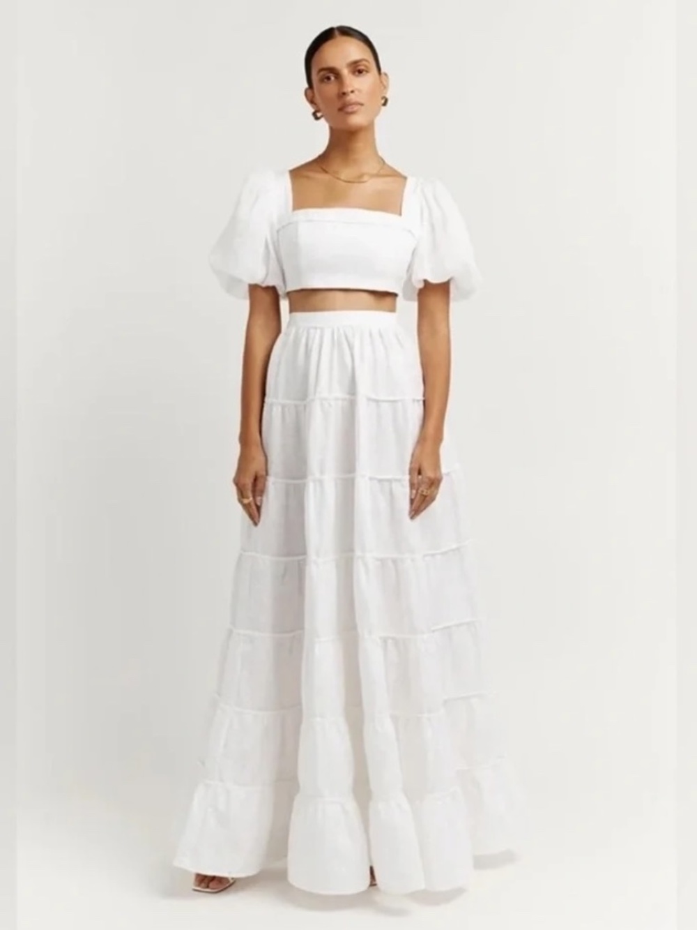 DISSH Aisle White Linen Set | Matching Top & Maxi Skirt | US 4